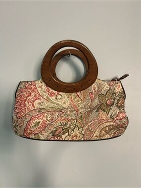 Relic Floral Paisley Woven Handbag Wood Handles Boho Purse